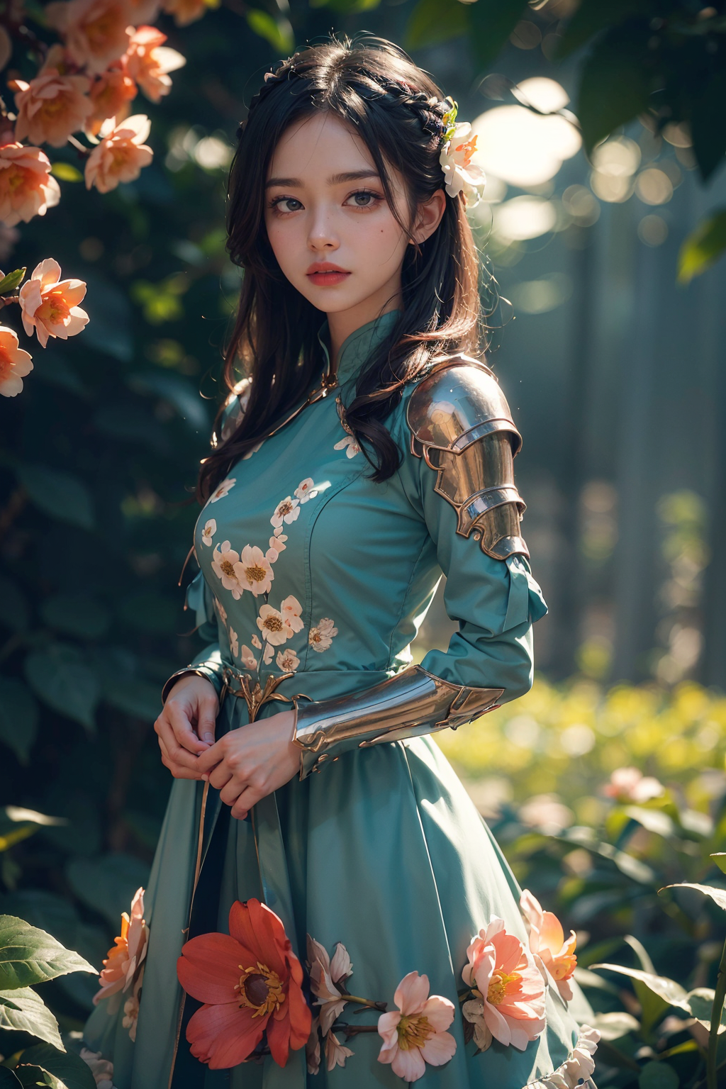 woman, flower dress, colorful, darl background,flower armor,green theme,exposure blend, medium shot, bokeh, (hdr:1.4), hig...